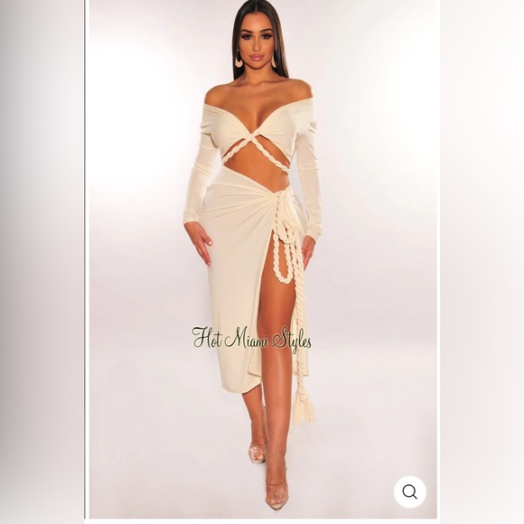 Hot Miami Styles Dresses & Skirts - Hot Miami Styles- CREAM LONG SLEEVE WRAP AROUND TWIST ROPE SKIRT TWO PIECE SET